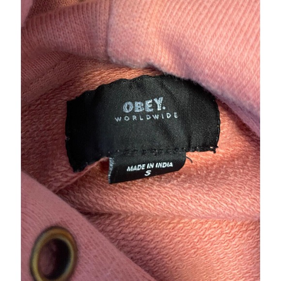 Women’s OBEY Shepard Fairy Coral Pink Cotton Hoodie Small Skate Punk Y2K Sweater - Picture 2 of 7